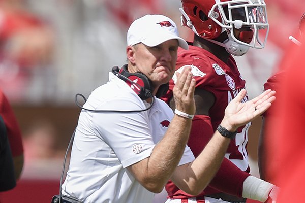 Arkansas coach Chad Morris claps during a game against Portland State on Saturday, Aug. 31, 2019, in Fayetteville. 