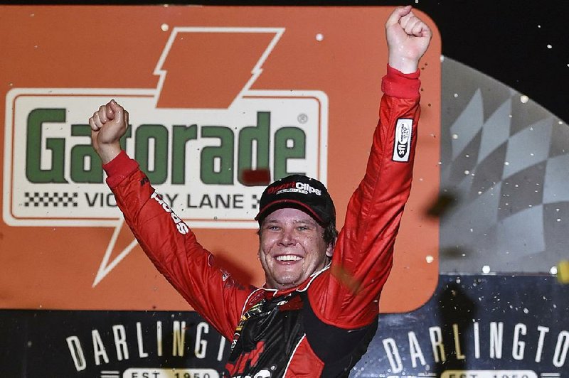 Erik Jones won Sunday night’s NASCAR Monster Energy Cup Series Southern 500 by 4.058 seconds over Kyle Larson. The race was delayed four hours by rain and ended early Monday morning.