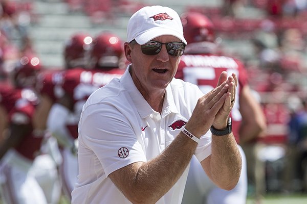 Arkansas coach Chad Morris is shown prior to a game against Portland State on Saturday, Aug. 31, 2019, in Fayetteville.
