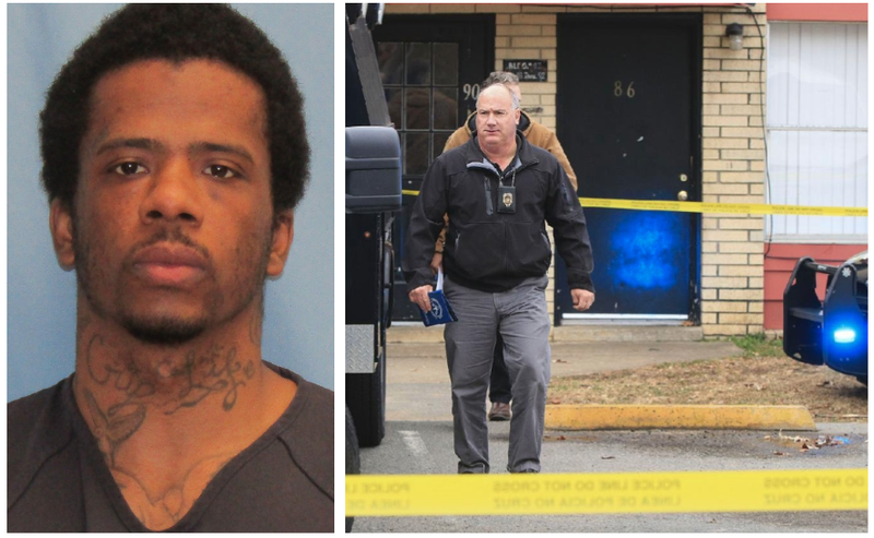 LEFT: Michael Collins is shown in this booking mug from the Pulaski County sheriff's office. RIGHT: A Little Rock police detective leaves an apartment where the bodies of three people, including two young children, were found in the 6600 block of Lancaster Road in this 2017 file photo.
