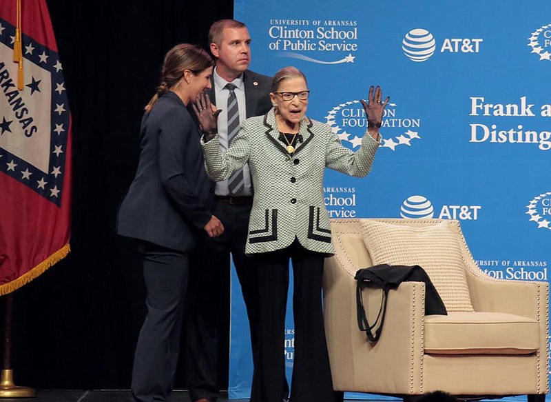 Supreme Court Justice Ruth Bader Ginsburg waves to a cheering crowd Tuesday, Sept. 3, 2019, at Simmons Bank Arena in North Little Rock, then called Verizon Arena.