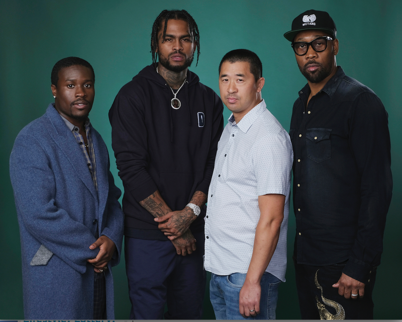 RZA, right, and Alex Tse, second from right, co-creators of the Hulu series "Wu-Tang: An American Saga," with cast members Shameik Moore, left, and Dave East. (AP/Chris Pizzello)

