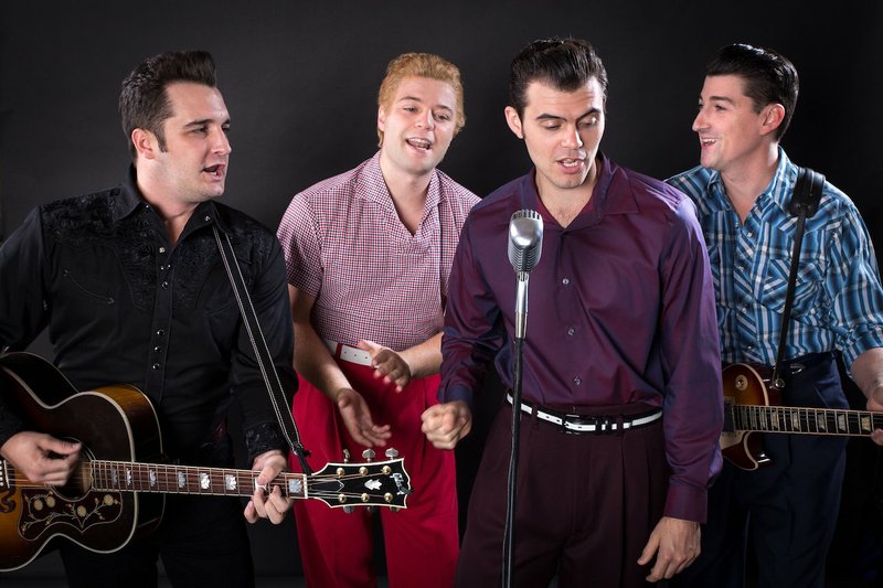 The Million Dollar Quartet assembles at the Arkansas Repertory Theatre -- (from left) Bill Scott Sheets as Johnny Cash, Brandyn Day as Jerry Lee Lewis, Trent Rowland as Elvis Presley and Skye Scott as Carl Perkins. Special to the Democrat-Gazette/Brandon Markin
