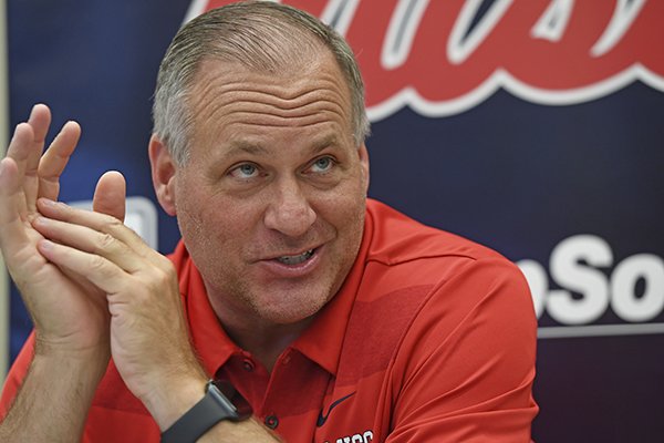 Ole Miss offensive coordinator Rich Rodriguez talks to reporters during a media day interview in Oxford, Miss., Thursday, Aug. 1, 2019. (AP Photo/Thomas Graning)

