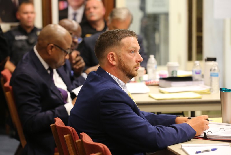 In this file photo Charles Starks listens to testimony during the Civil Service Commission hearing on Wednesday, Sept. 4, 2019, at Little Rock City Hall.