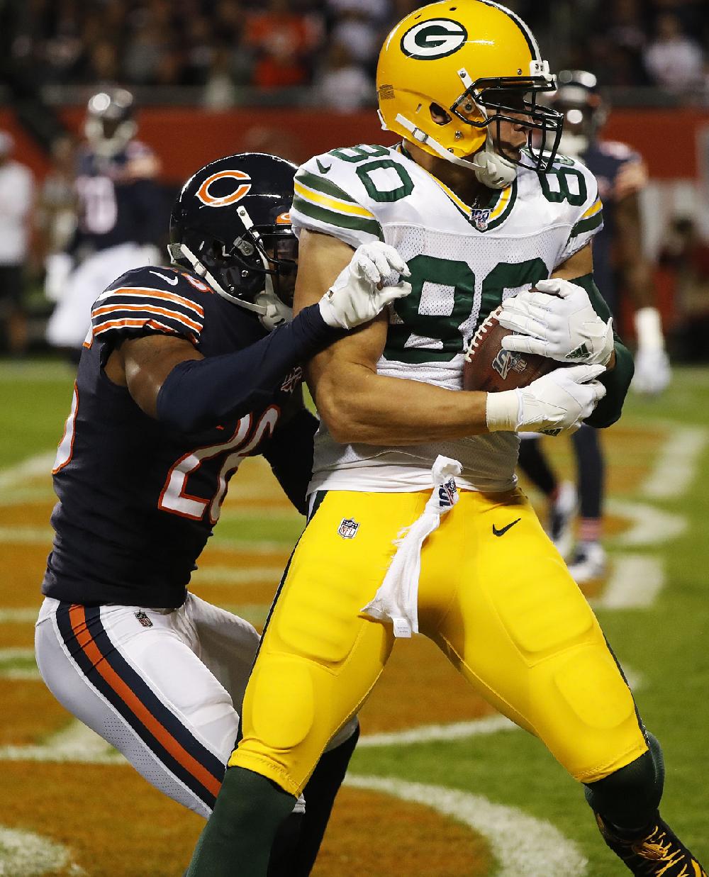 Chicago Bears' Roy Robertson-Harris sacks Green Bay Packers' Aaron Rodgers  during the first hal …