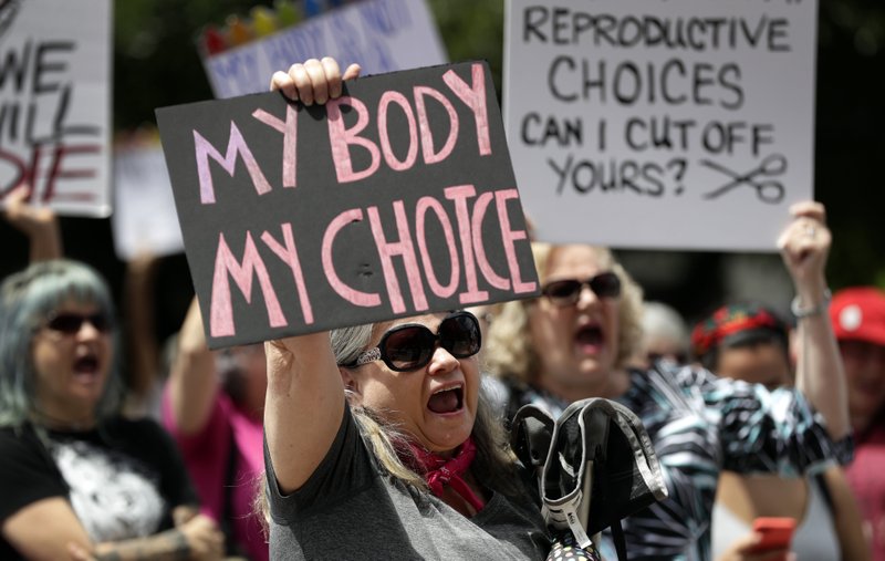 In this May 21, 2019 file photo, a group gathers to protest abortion restrictions at the State Capitol in Austin, Texas. Arguments over a Texas law requiring that health care clinics bury or cremate fetal remains from abortions and miscarriages are set for a federal appeals court in New Orleans.  (AP Photo/Eric Gay, File)