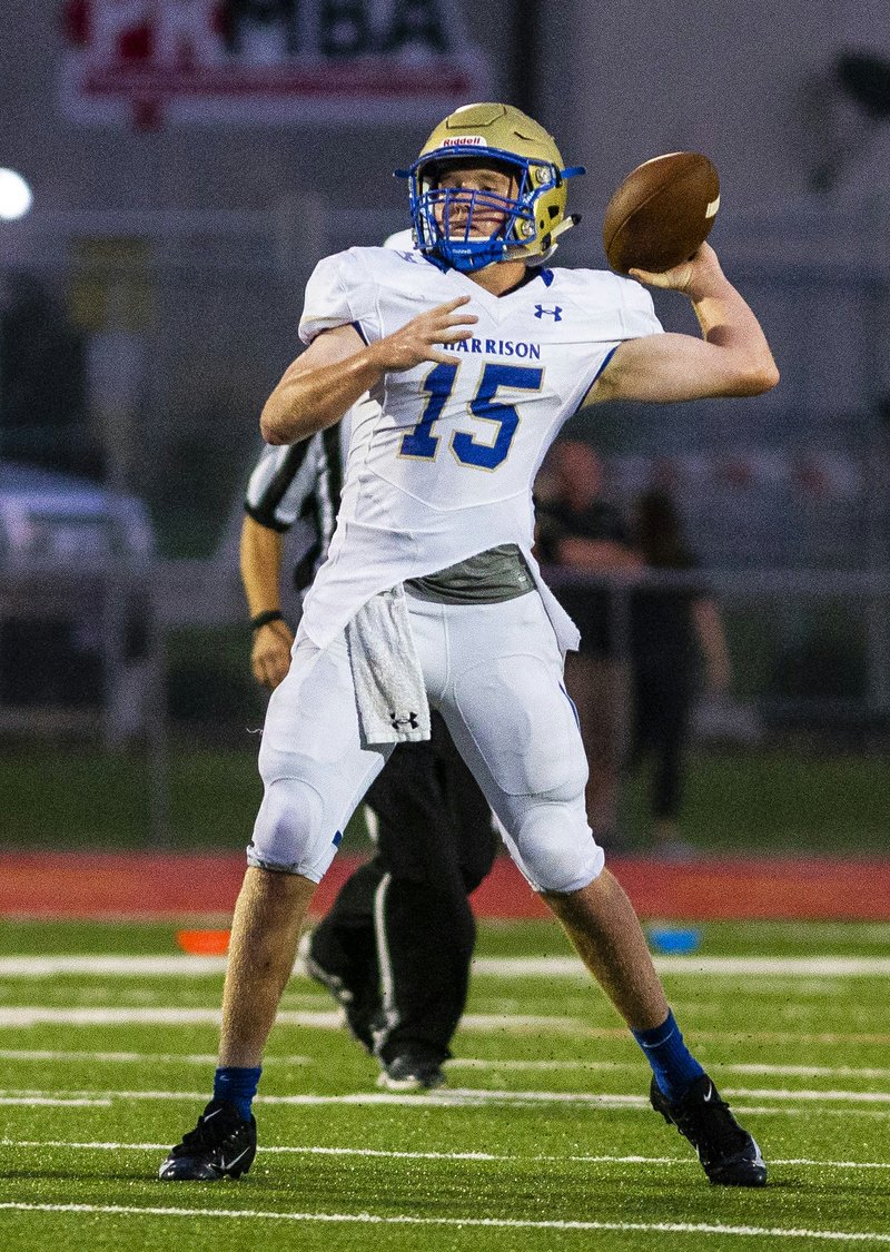 Harrison’s Cole Keyon winds up to throw the ball against Pea Ridge on Aug. 30 at Blackhawks Stadium in Pea Ridge. The Goblins will take on Mountain Home tonight. 