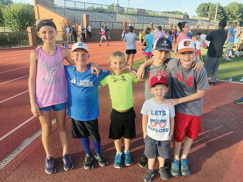 Children who participated in a recent Searcy Kids Track Night are Titus Fulmer, front; and back, from left, Riley Farris, Jack Farris, Nathan Farris, Levi Fulmer and Ben Fulmer. The next Kids Track Night will take place from 6-7 p.m. Monday at First Security Stadium on the Harding University campus.