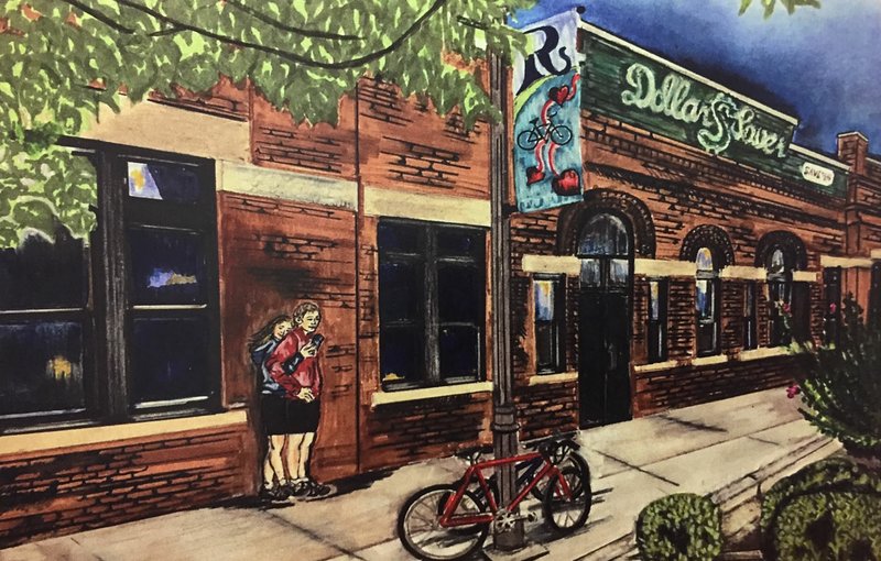 NWA Democrat-Gazette/DAVE PEROZEK A sample of the artwork produced by Mary Ley, chief executive officer of Arkansas Arts Academy, depicts a young couple standing in downtown Rogers with their bicycles.