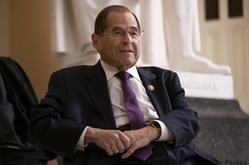 FILE - In this July 26, 2019, file photo, House Judiciary Committee Chairman Jerrold Nadler, D-N.Y., prepares for a television news interview at the Capitol in Washington. While more than 130 House Democrats _ more than half of the caucus _ have come out in favor of an impeachment inquiry into President Donald Trump, according to a tally by The Associated Press, those numbers don&#x2019;t reflect the whole story. The number of Democrats who would actually vote to recommend articles of impeachment, at this point, is significantly smaller. (AP Photo/J. Scott Applewhite, File)