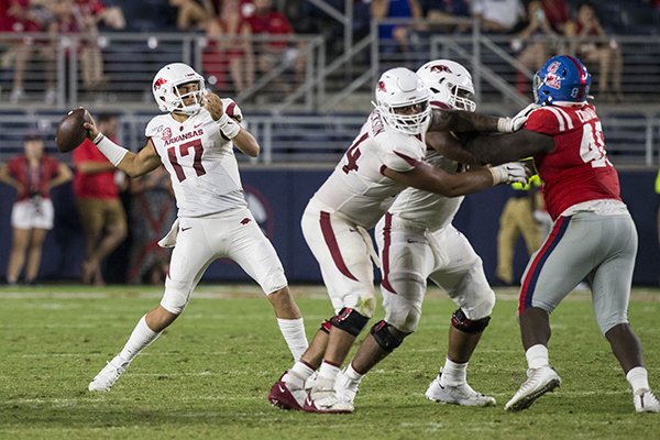 Arkansas quarterback Nick Starkel (17) throws a pass during a game against Ole Miss on Saturday, Sept. 7, 2019, in Oxford, Miss. 