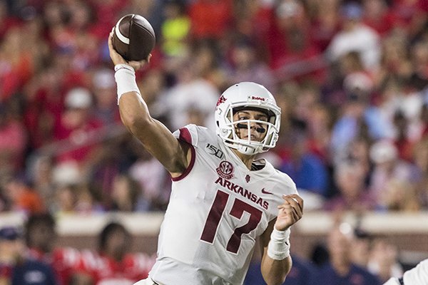 Arkansas quarterback Nick Starkel throws a pass during a game against Ole Miss on Saturday, Sept. 7, 2019, in Oxford, Miss.