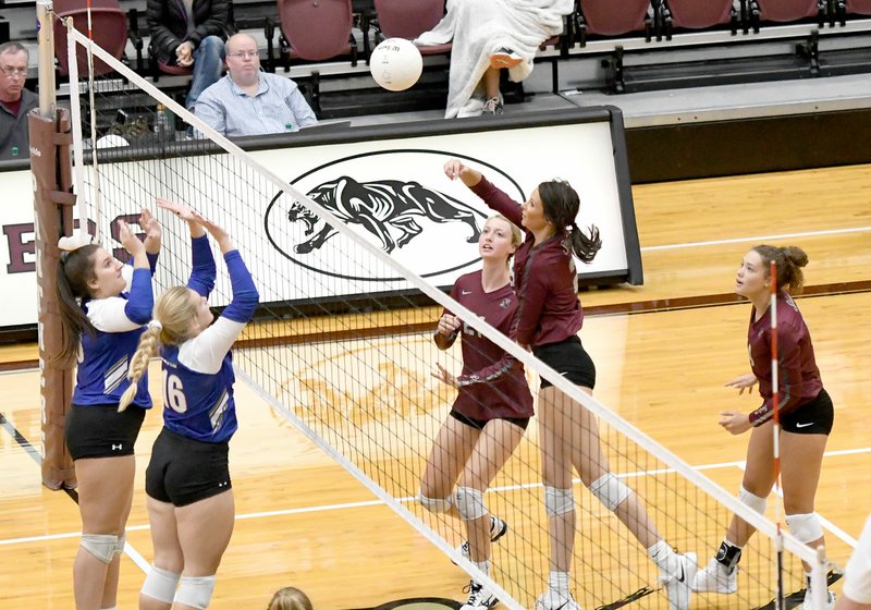 Bud Sullins/Special to Siloam Sunday Siloam Springs senior middle blocker Rachel Conrad goes up for a hit Tuesday against Harrison inside Panther Activity Center. Harrison won the match 3-2.