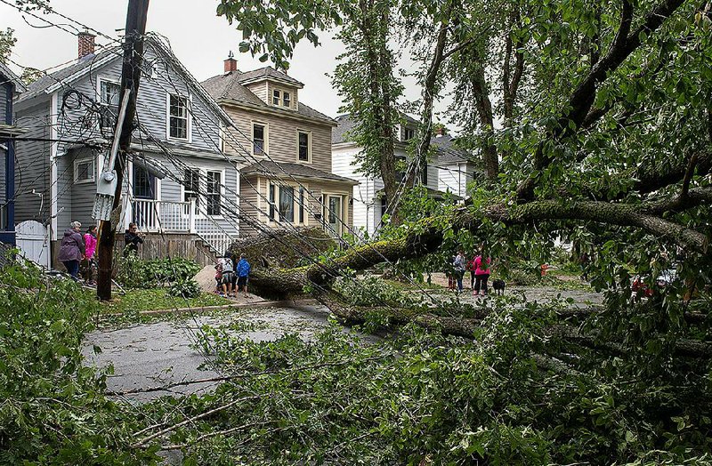 A street in Halifax, Nova Scotia, is blocked Sunday by fallen trees after Dorian pounded the area with strong winds and heavy rain. 