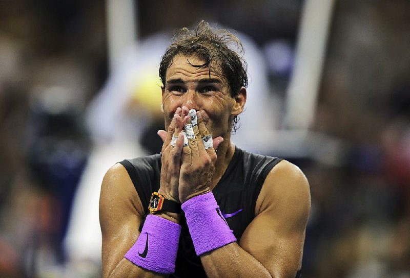  Rafael Nadal reacts after winning his 19th Grand Slam title by defeating Daniil Medvedev 7-5, 6-3, 5-7, 4-6, 6-4 in a U.S. Open men’s final that lasted nearly five hours Sunday in New York.