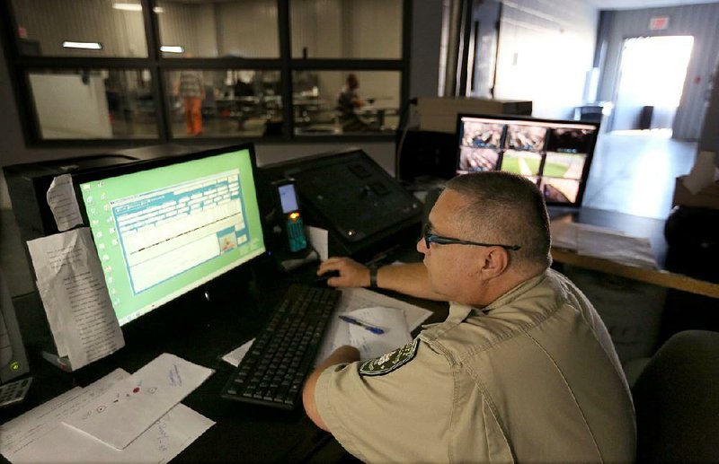 Deputy Dwayne Brannan monitors the four blocks in the Work Release Building at the Washington County sheriff’s office. 