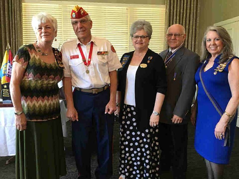 Submitted photo GOLD STAR: At their quarterly meeting, four lineage societies were given a progress report and history of the planned Arkansas Gold Star Families Monument to be erected on the State Capitol grounds including, from left, Sheila Beatty, Arkansas Society Daughters of Colonial Wars; Paul Garrett; Sharon Wyatt, Colonial Dames 17th Century, George Mitchell, President Arkansas Society War of 1812; Kay Tatum, President Arkansas Society United States Daughters of 1812.