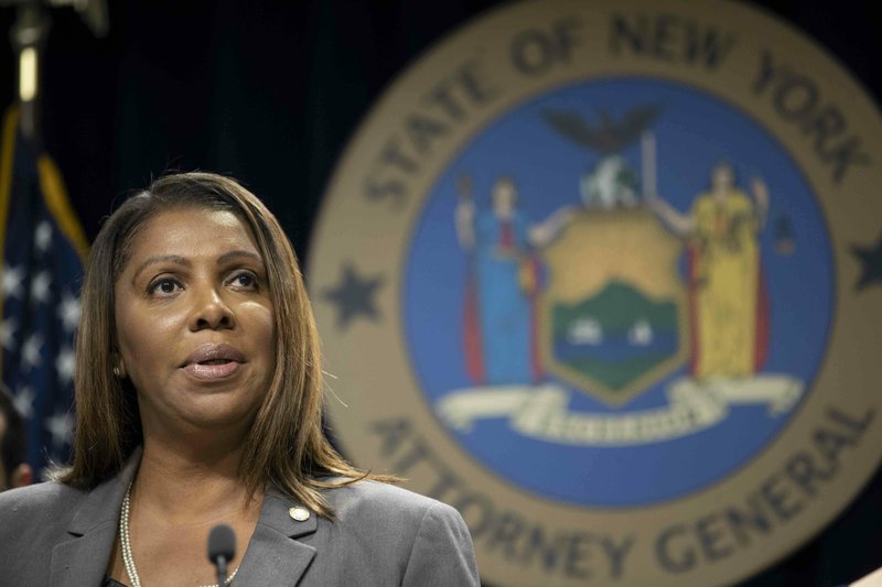 FILE - In this June 11, 2019 file photo, New York Attorney General Letitia James speaks during a news conference in New York. James says a bipartisan coalition of state attorneys general is investigating Facebook for alleged antitrust issues. James said Friday, Sept. 6, the probe will look into whether Facebook's actions endangered consumer data, reduced the quality of consumers' choices or increased the price of advertising. (AP Photo/Mary Altaffer, File)