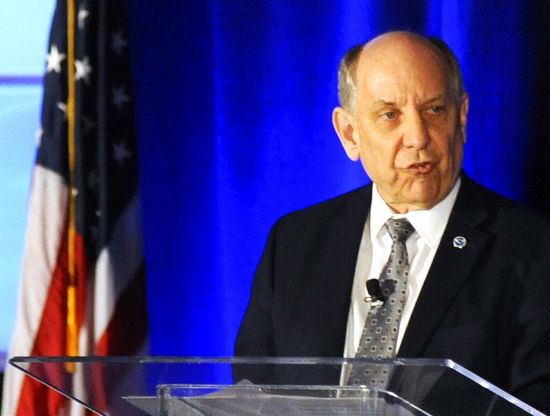 National Weather Service Director Louis Uccellini addresses a meeting of the National Weather Association in Huntsville, Ala., Monday, Sept. 9, 2019. Uccellini defended forecasters who contradicted President Donald Trump's claim that Hurricane Dorian posed a threat to Alabama as it approached the United States. (AP Photo/Jay Reeves)