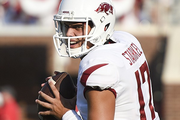 Arkansas quarterback Nick Starkel goes through warmups prior to a game against Ole Miss on Saturday, Sept. 7, 2019, in Oxford, Miss. 