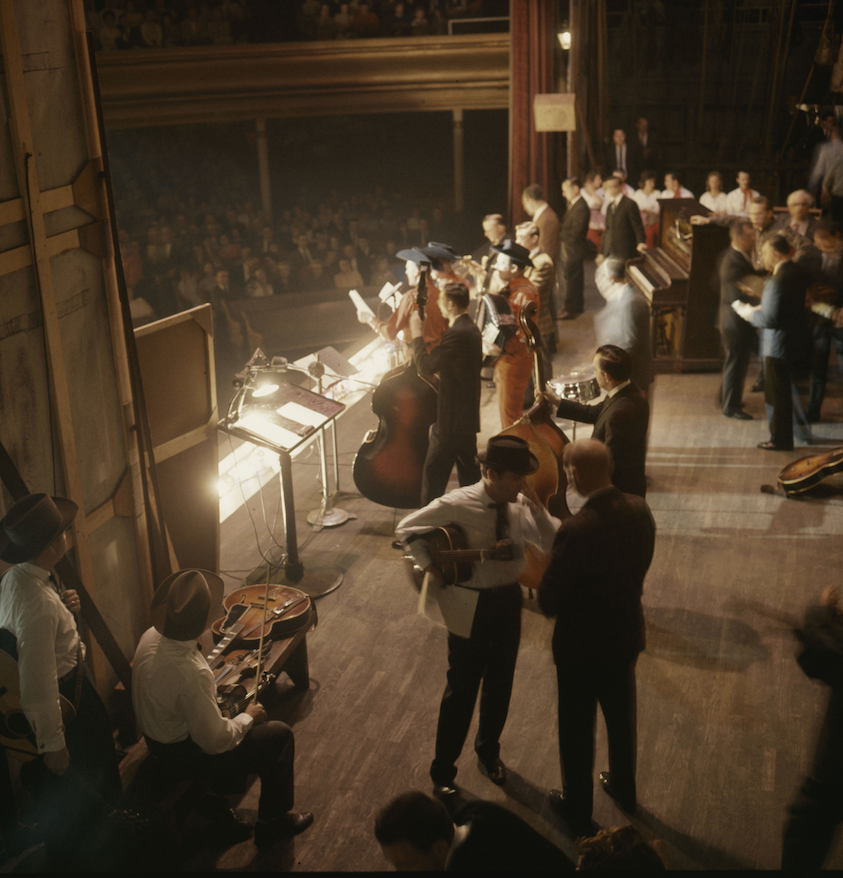 Performers on stage during the Grand Ole Opry at the Ryman Auditorium, circa 1960 (Les Leverett Collection)