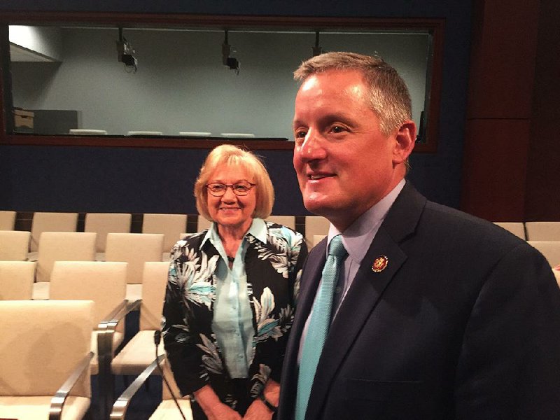 Phyllis Harden of Pine Bluff Sand and Gravel Co. and US Rep. Bruce Westerman shortly after Harden testified on Capitol Hill about challenges facing inland ports and potential shippers. Taken April 10, 2019. Photo credit: Frank Lockwood
