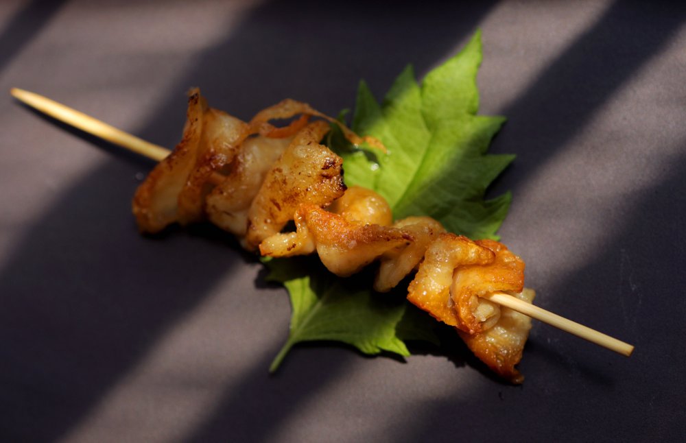 Yakitori (or chicken on a skewer), torikawa style. Torikawa is chicken skin. (Christian Gooden/St. Louis Post-Dispatch/TNS)