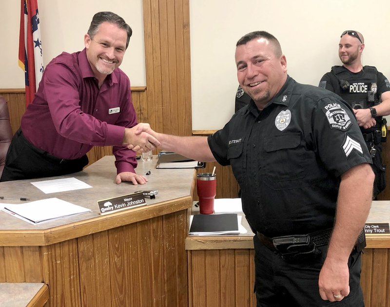Westside Eagle Observer/RANDY MOLL Clay Stewart, who has served as Gentry's interim police chief since May 31, was appointed Gentry's new chief of police by Mayor Kevin Johnston at Monday (Sept. 9. 2019) night's city council meeting in Gentry. Stewart has served in the department since 2001 and as second in command since 2010.