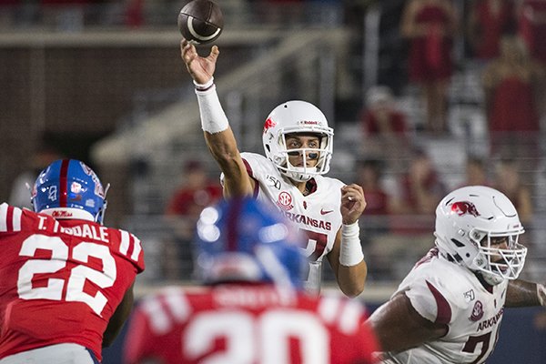 Arkansas quarterback Nick Starkel throws a pass during a game against Ole Miss on Saturday, Sept. 7, 2019, in Oxford, Miss. 