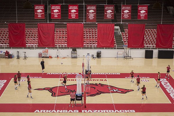 Barnhill Arena is shown during a volleyball practice on Monday, Aug. 24, 2015, in Fayetteville. The arena was once home to the Razorbacks' basketball programs but has since been repurposed into an 8,500-seat venue for volleyball and gymnastics. 