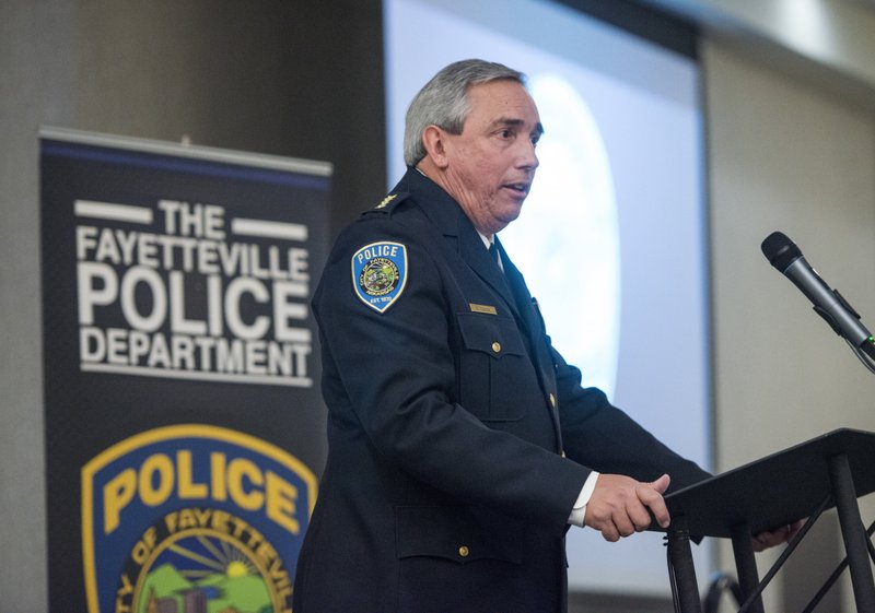 Fayetteville police chief Greg Tabor makes remarks Saturday, Jan. 26, 2019, during the Fayetteville Police Department's annual awards and promotions banquet at the Fayetteville Hilton Garden Inn.