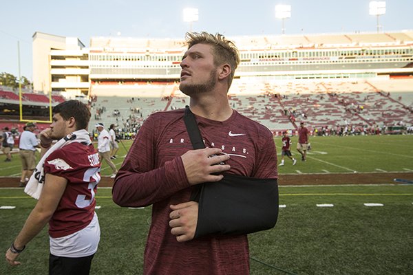 Arkansas linebacker Bumper Pool is shown following the Razorbacks' 55-34 victory over Colorado State on Saturday, Sept. 14, 2019, in Fayetteville. Pool was injured during the first half of the game.