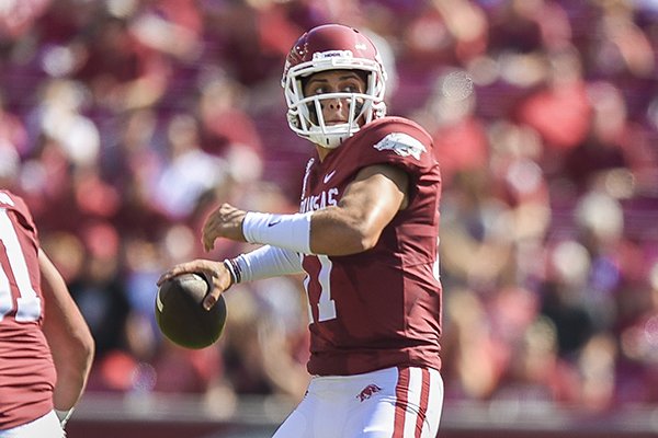 Arkansas quarterback Nick Starkel throws a pass during a game against Colorado State on Saturday, Sept. 14, 2019, in Fayetteville. 