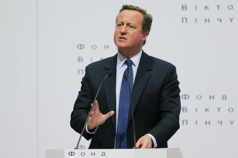 FILE - In this Wednesday, March 29, 2017 file photo Britain's former Prime Minister David Cameron gestures as he delivers a public lecture &quot;Ukraine's Place in a changing world&quot; at the Institute of International Relations of the National University in Kiev, Ukraine. David Cameron said in an interview published Saturday that he thinks about the consequences of the Brexit referendum &#x201c;every single day&#x201d; and worries &#x201c;desperately&#x201d; about what will happen next. (AP Photo/Efrem Lukatsky,file)