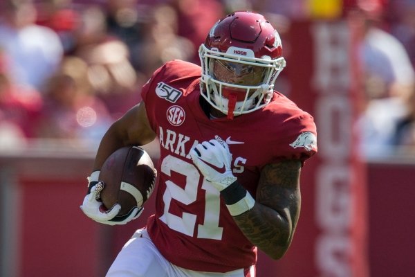 Devwah Whaley, Arkansas running back, finds open field for a 25 yard gain in the first quarter vs Colorado State Saturday, Sept. 14, 2019, at Reynolds Razorback Stadium in Fayetteville.

