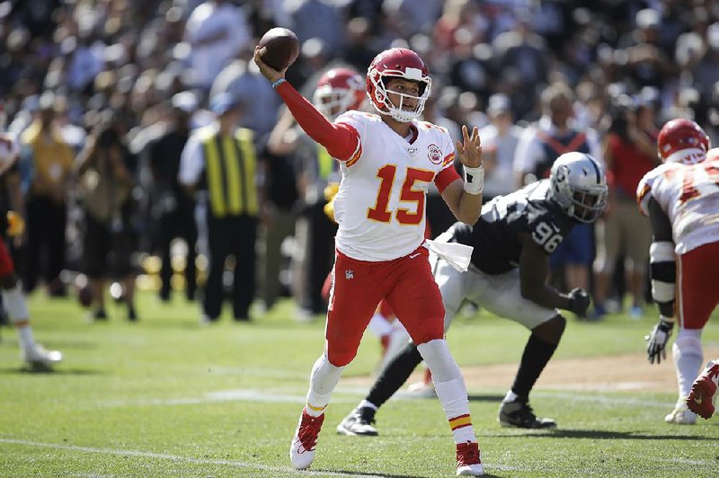 Kansas City quarterback Patrick Mahomes threw four touchdown passes in the second quarter to power the Chiefs to a 28-10 victory over the Oakland Raiders on Sunday in Oakland, Calif. Mahomes finished 30 for 44 for 443 yards.