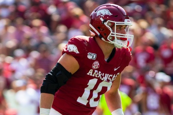 Arkansas linebacker Bumper Pool is shown during a game against Colorado State on Saturday, Sept. 14, 2019, in Fayetteville. 
