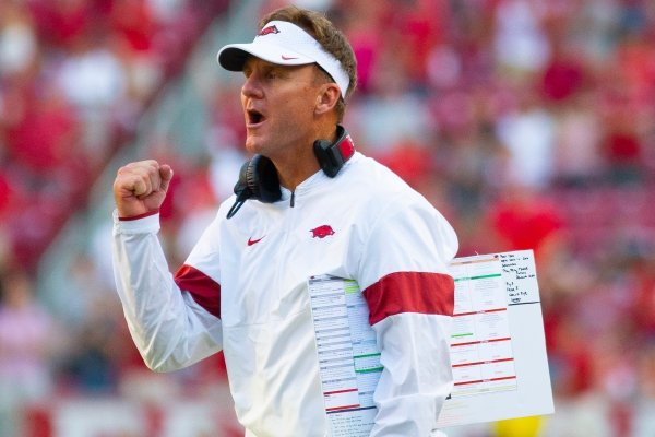 Head coach Chad Morris celebrate touchdown in 4th quarter against Colorado State during a football game, Saturday, September 14, 2019 at Donald W. Reynolds Stadium in Fayetteville, AR.