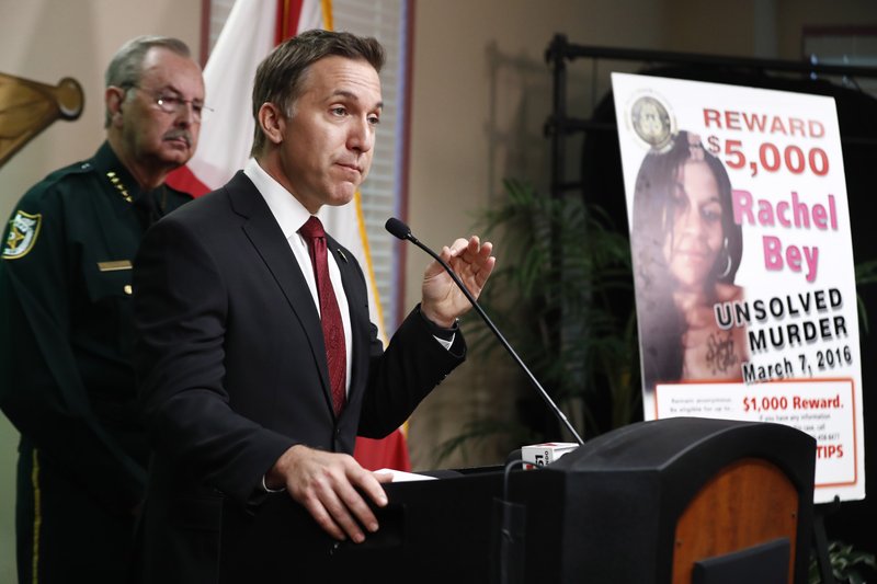 The Associated Press NEWS CONFERENCE: Dave Aronberg, state attorney for Palm Beach County, Fla., speaks during a news conference on Monday, in West Palm Beach, Fla. Palm Beach County Sheriff's officials said they arrested Robert Hayes for first degree murder in Rachel Bey's death.