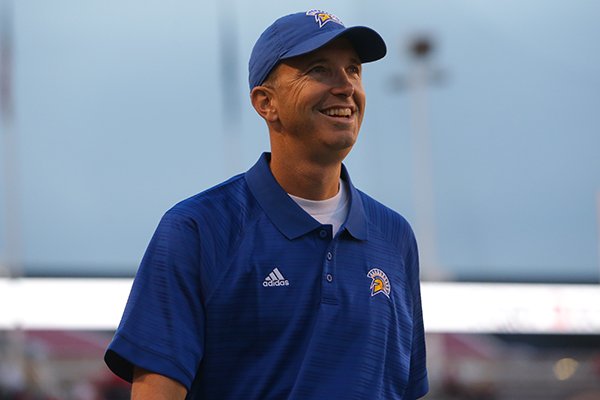 San Jose State coach Brent Brennan is shown prior to a game against Utah on Saturday, Sept. 16, 2017, in Salt Lake City.