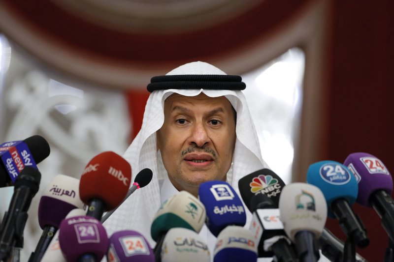 Saudi Energy Minister Prince Abdulaziz bin Salman, speaks during a press conference in Jiddah, Saudi Arabia, Tuesday, Sept. 17, 2019. (AP Photo/Amr Nabil)
