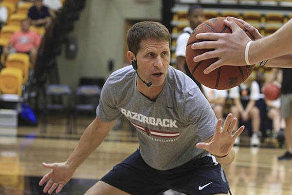 Arkansas coach Eric Musselman speaks Tuesday during the Arkansas Basketball Coaches Association Basketball Clinic at Hendrix College in Conway.
