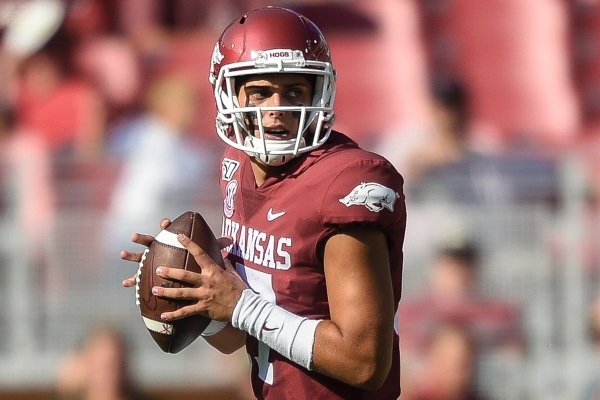 Arkansas Razorbacks quarterback Nick Starkel (17) looks for a receiver during the second quarter of a football game, Saturday, September 14, 2019 at Donald W. Reynolds Razorback Stadium in Fayetteville.