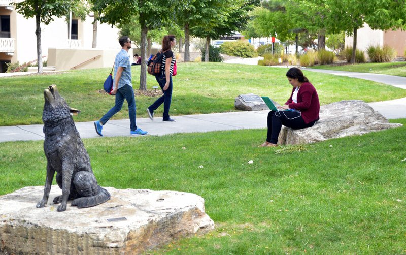 In this Sept. 21, 2015, file photo, a student works on her laptop on the campus of the University of New Mexico near a statue of the school's mascot, the Lobo, in Albuquerque, N.M. New Mexico's Democratic governor wants to provide free tuition and waive fees for in-state students across the state's network of public universities, colleges and community colleges. First-year Gov. Michelle Lujan Grisham announced the proposal for an "opportunity scholarship" on Wednesday, Sept. 18, 2019, at a community college in Albuquerque. It would cover costs not already paid for by federal scholarships and state lottery proceeds. (AP Photo/Russell Contreras, File)