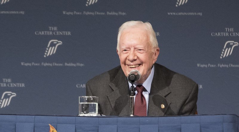 Former President Jimmy Carter is shown talking about the future of The Carter Center during a town hall, Tuesday, Sept. 17, 2019, in Atlanta. 