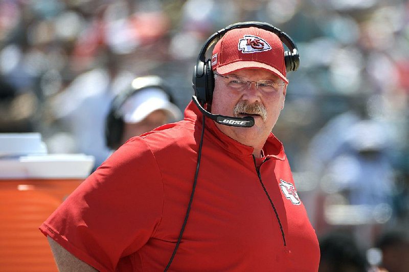 Kansas City Chiefs head coach Andy Reid watches from the sideline during the first half of an NFL football game against the Jacksonville Jaguars Sunday, Sept. 8, 2019, in Jacksonville, Fla.