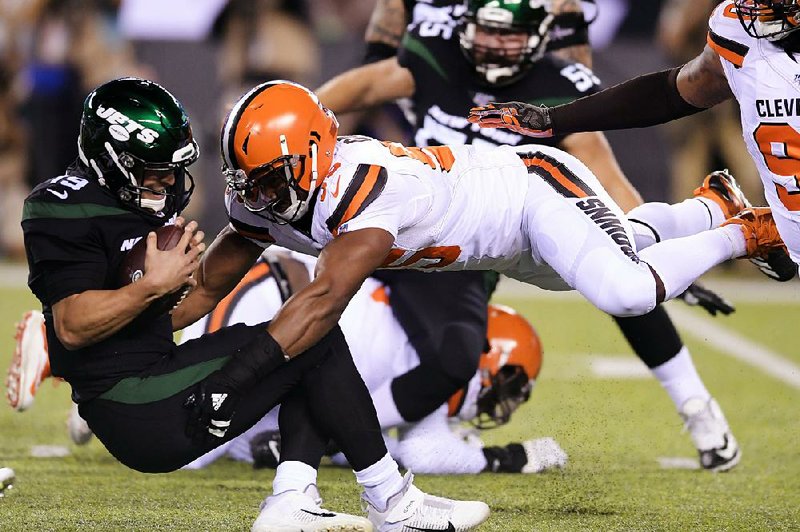 Cleveland Browns defensive end Myles Garrett leads the NFL with five sacks this season, but he was also flagged twice for roughing the passer against the New York Jets on Monday. 