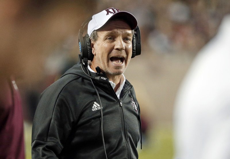 In this Nov. 17, 2018, file photo, Texas A&M coach Jimbo Fisher shouts during a timeout in the first half of an NCAA college football game against UAB in College Station, Texas.