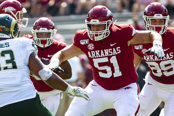 Arkansas offensive lineman Ricky Stromberg (51) is shown during a game against Colorado State on Saturday, Sept. 14, 2019, in Fayetteville. 
